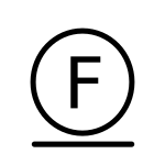 En cirkel med ett F i mitten och ett streck under cirkeln. Tvättsymbolen för kemtvätt betyder kan kemtvättas med en begränsning på vattentillsättning, torktemperatur och hantering.
